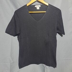 Due Per Due LARGE‎ 100% Silk Black Ribbed Short Sleeve V Neck Top Classic